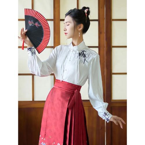 配馬面裙的上衣新中式襯衫2025新款女春長袖內搭國風盤扣立領襯衣