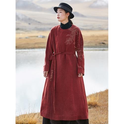 賀歲【鳳唳九霄】吉祥羽兒原創素平緞香云紗印花中式圓領連衣裙冬