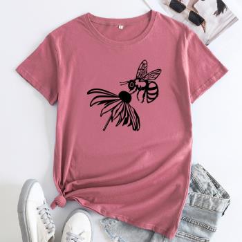 蜜蜂圓領純棉短袖女式T恤花朵