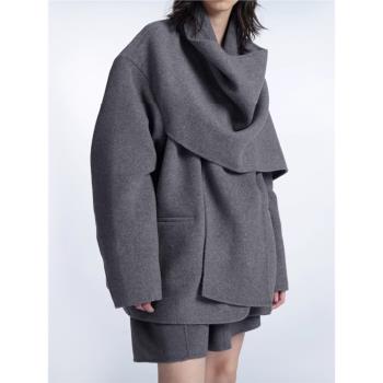 圍巾領廓型高級感披肩斗篷大衣2023冬新品設計感雙面羊絨毛呢外套