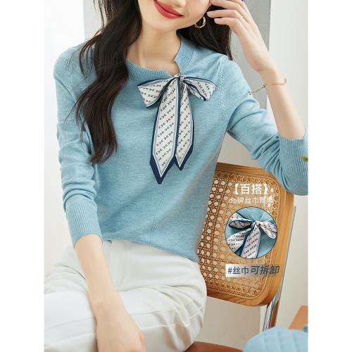 熙世界設計感絲巾領帶針織衫女長袖遮肉顯瘦別致上衣2025春季新款