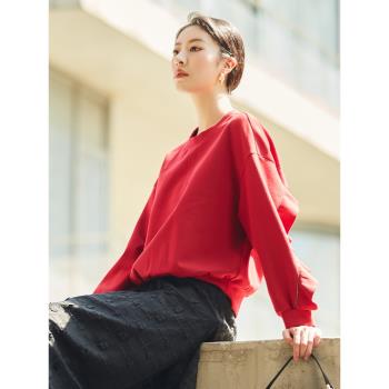 EMOO女紅色T恤寬松原創設計衛衣