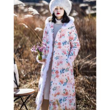 連帽長款冬季加厚印花外套羽絨服