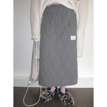 3months 2023秋冬新款灰色半身裙女高腰顯瘦中長款加厚氣質一步裙