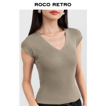 時髦女孩ROCO2023夏季新款 100%天絲萊賽爾冰涼感包袖V領針織上衣