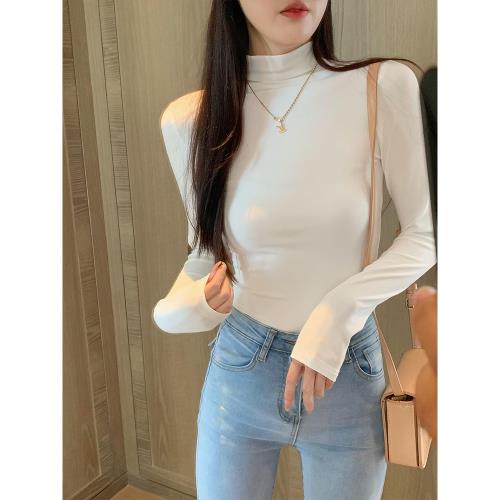白色半高領打底衫女2025春秋中領修身顯瘦內搭長袖t恤百搭上衣潮