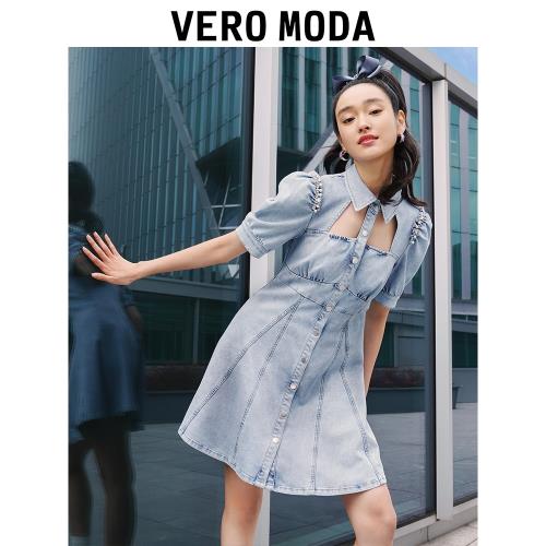 Vero Moda奧萊連衣裙子夏季清倉牛仔純色A擺泡泡袖甜美公主裙短袖