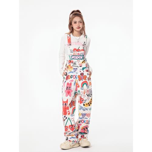 設計感小眾趣味涂鴉連體背帶褲女多巴胺學院風寬松直筒闊腿長褲子