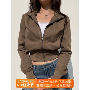 IUAE美式工裝棕色立領夾克女酷颯中性風飛行員松緊束腰修身短外套
