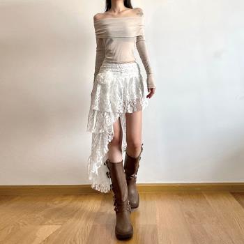 H家歐美女裝 波西米亞游牧風蕾絲半身裙復古浪漫飄逸感不規則短裙