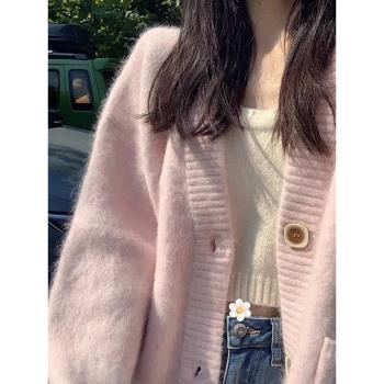 粉色慵懶風針織開衫外套女2023新款秋冬季高級感寬松毛衣長袖上衣