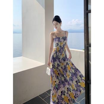 波西米亞油畫暈染氛圍印花長裙法式度假吊帶裙海邊拍照好看連衣裙