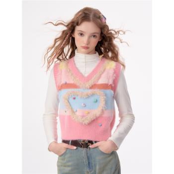 ziziFei秋冬季設計感美式復古粉色溫柔愛心毛衣背心針織V領馬甲女
