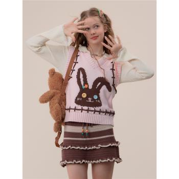 ziziFei秋冬季設計感美式復古馬夾兔子粉色V領背心毛衣針織馬甲女