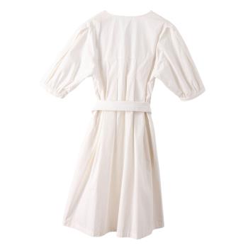 2021夏季新款 甜美連衣裙女神范復古氣質單排扣V領中長裙