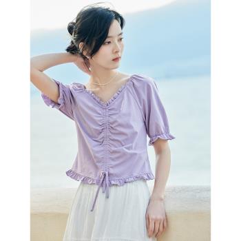 茵曼紫色短袖T恤女小個子短款洋氣卡腰小衫2023夏季新款顯瘦上衣