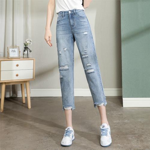 唐獅新款春夏季女牛仔褲寬松高腰破洞哈倫褲八分褲水洗復古褲子