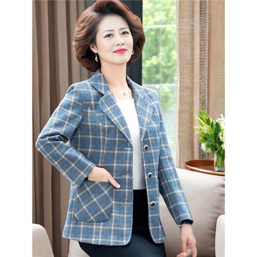 西服女上衣長袖中年修身媽媽裝休閑中老年西裝外套女短款格子春秋