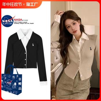 NASA聯名polo領長袖針織開衫女設計感襯衫拼接修身短款假兩件上衣