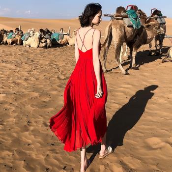 2023新款雪紡連衣裙紅色露背長裙波西米亞裙巴厘島海邊度假沙灘裙