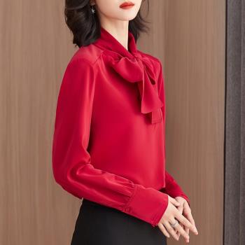 紅色蝴蝶結襯衣女長袖2024新款休閑洋氣飄帶上衣雪紡襯衫氣質時尚