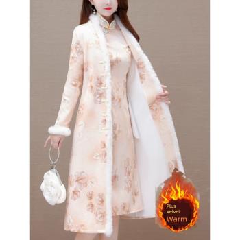中國風印花改良版旗袍加絨連衣裙女冬季新款復古漢服加厚中長外套