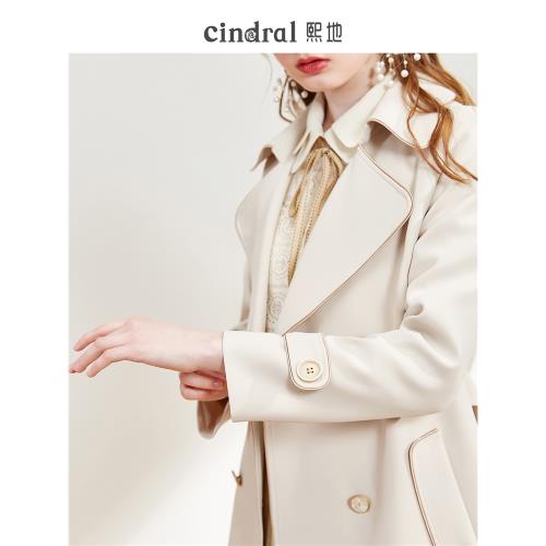 熙地2025春季新款米色風衣中長款時尚純色雙排扣氣質簡約外套女