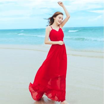 夏季新款吊帶露背長裙雪紡紅色連衣裙波西米亞長裙海邊度假沙灘裙