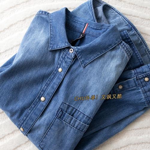 2025春新款女裝歐貨設計感百搭正肩翻領顯瘦舒適純棉牛仔襯衫上衣