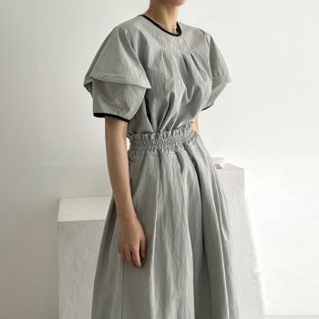 韓系chic夏季法式復古圓領寬松泡泡袖襯衫+高腰顯瘦大擺型半身裙