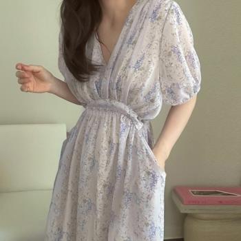 韓國chic夏季法式浪漫V領滿屏碎花系帶收腰顯瘦泡泡袖連衣裙長裙