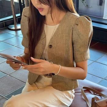 韓系chic夏季新款復古氣質V領單排扣寬松百搭泡泡袖短款外套女