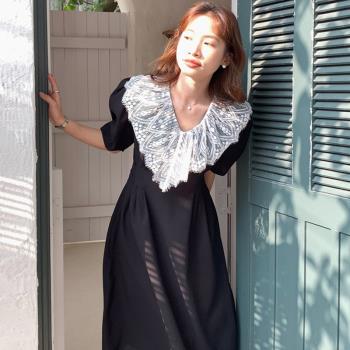 韓國chic夏季復古赫本風大翻領蕾絲鉤花收腰顯瘦泡泡袖連衣裙女