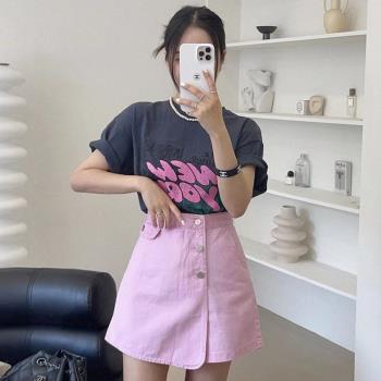 韓系chic夏季簡約小眾圓領印花短袖T恤+高腰顯瘦A字型半身裙套裝
