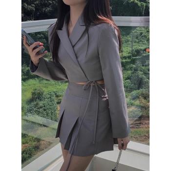chic韓國系帶百褶半身裙西裝領