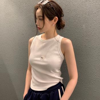 韓國chic夏季氣質百搭圓領坑條設計感修身顯瘦純色無袖針織背心女