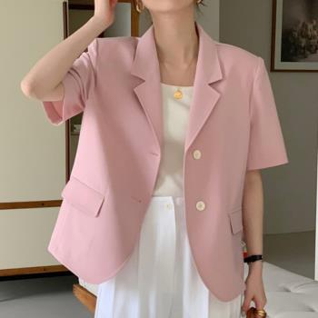 韓系chic夏季甜美氣質翻領單排兩粒扣寬松休閑百搭短袖西裝外套女