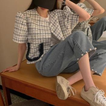 韓國chic復古百搭珍珠點綴設計感小眾闊腿毛邊九分蘿卜褲牛仔褲女