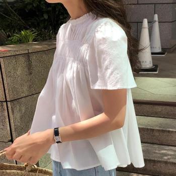 韓系chic夏季法式溫柔花邊立領褶皺感寬松休閑泡泡袖襯衫上衣女