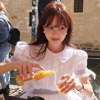 韓國chic夏季法式減齡娃娃領泡泡袖襯衫+高腰顯瘦大擺型半身裙女