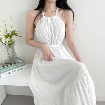 韓系chic夏季法式氣質掛脖系帶收腰顯瘦無袖背心中長款連衣裙女