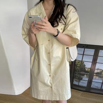 韓國chic夏季復古氣質西裝領寬松休閑純色雙口袋襯衫式連衣裙女