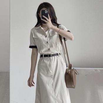 韓國chic夏季法式復古氣質翻領單排扣收腰顯瘦短袖連衣裙配腰帶女