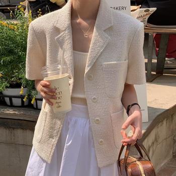韓國chic夏季復古百搭西裝領多口袋設計寬松短袖粗花呢短外套女