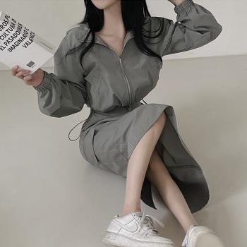 韓國chic小眾設計感立領拉鏈短款防曬外套+高腰抽繩半身裙套裝女