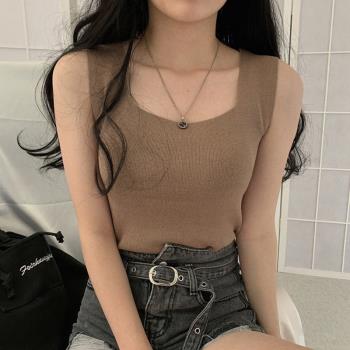 韓國chic夏季氣質百搭方領露鎖骨修身顯瘦純色針織吊帶背心上衣女