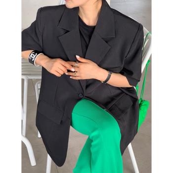 韓國chic夏季復古氣質后開叉設計感小眾寬松薄款短袖西裝外套女