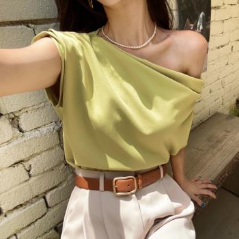 韓國chic夏季法式小眾不規則斜肩設計感寬松百搭純色短袖T恤上衣