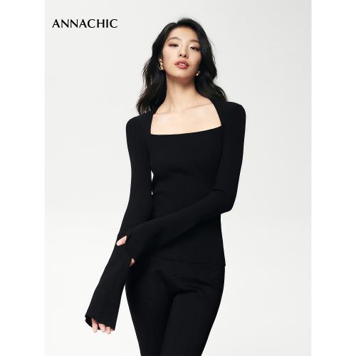 ANNACHIC黑色方領針織衫女秋季新款氣質簡約打底衫設計感修身上衣
