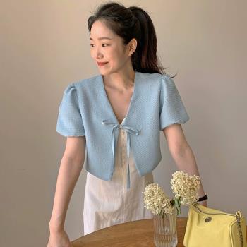 韓國chic夏季法式氣質V領系帶蝴蝶結寬松泡泡袖短款粗花呢外套女